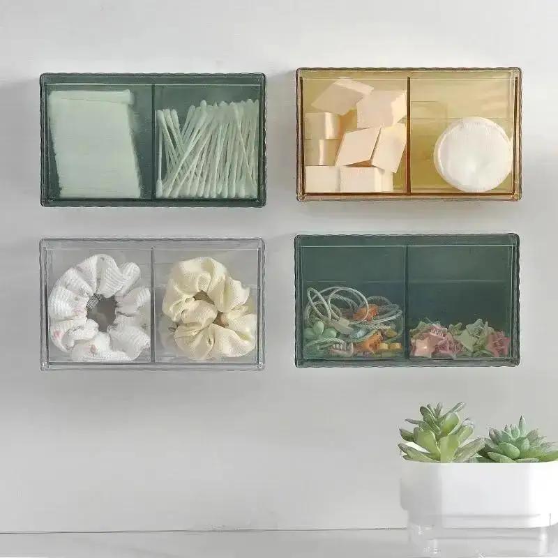 Wall Mounted Cotton Swab Storage Box No Punching Required Bathroom Mirror Cabinet Partitioned Lipstick As Cosmetics Storage Rack