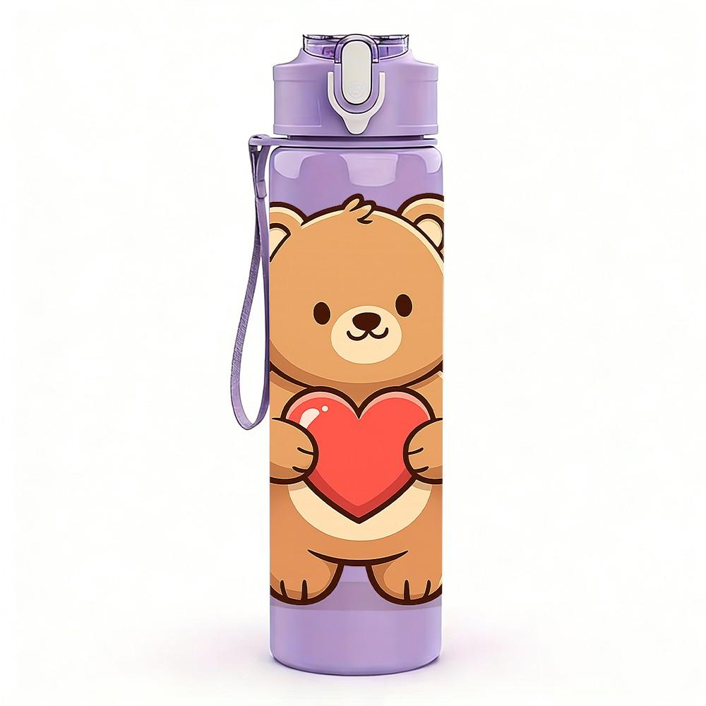 1PC Hugging Heart Teddy Bear 750ml Color Plastic Sports Water Bottle Leakproof Flip Straw Lid Suitable for Sports Office Home Use