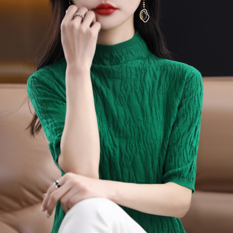 Women Knit T-shirt Summer Knitted Shirt Short Sleeve Tees Spring Pullover Knit Tops