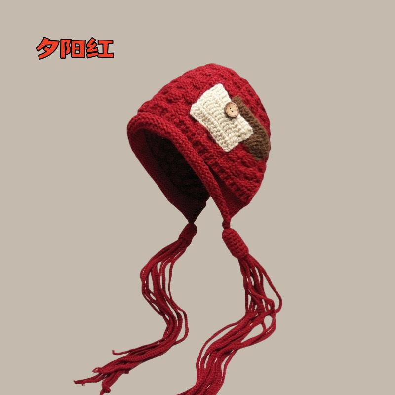 Cute little cashmere hat women's autumn and winter warm straps knitted ear hat outdoor pullover hat