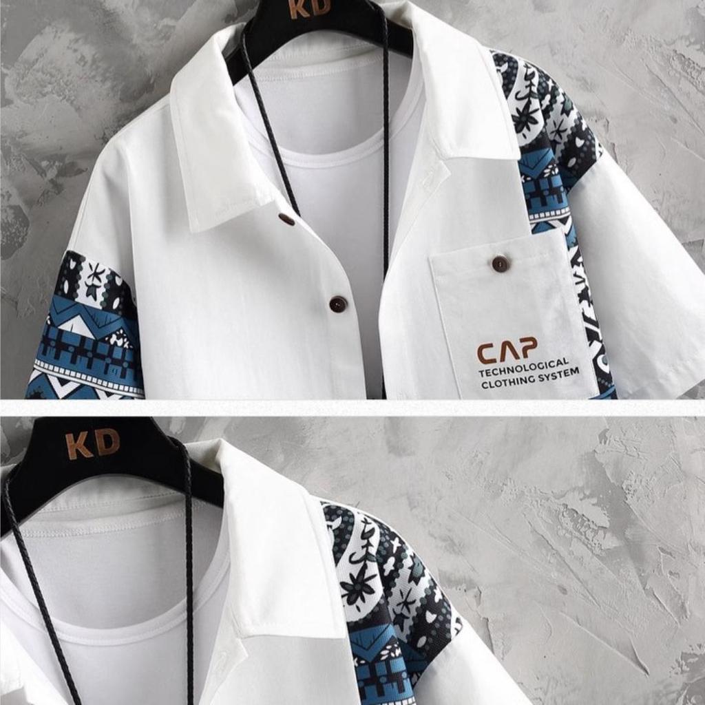 Fashion Men's Short-sleeved Shirt Suit Men's Summer Tide Design Sense Splicing Printing Casual Sports Shorts Two-piece Clothes