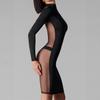 Spring solid color semi high neck long sleeved mesh splicing sexy perspective one-step skirt dress
