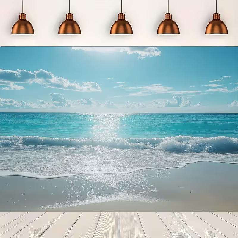 2D Calm Coastal Backdrop with Bright Sunlight, Ocean Waves, and Sandy Beach