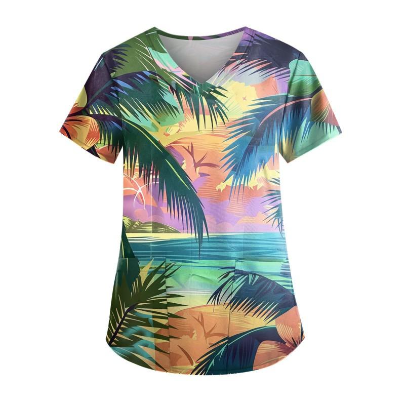 V-Neck Short Sleeve Nursing Scrub Top Women Fashionable Casual Workwear With 3D Print Design Slim Fit 2025 Collection