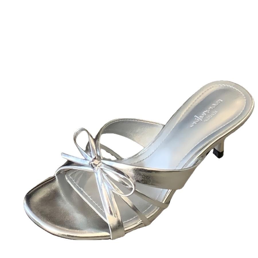 Leather silver with skirt thick heel bow one-word slippers women's summer wear French high-heeled cool slippers