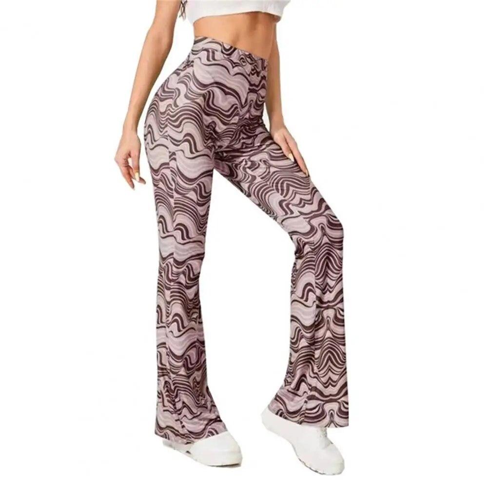 Women Flared Trousers Contrast Color Water Wave Print High Waist Spring Yoga Pants Slim Fit Elastic Waist Bell-bottomed Pants