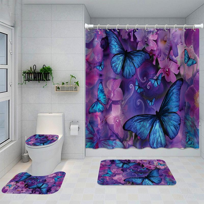 Modern Flowers And Butterfly Waterproof Shower Curtain Set Toilet Seat Cover Bath Nonslip Mat Rug Carpet Bathroom Decor Washable