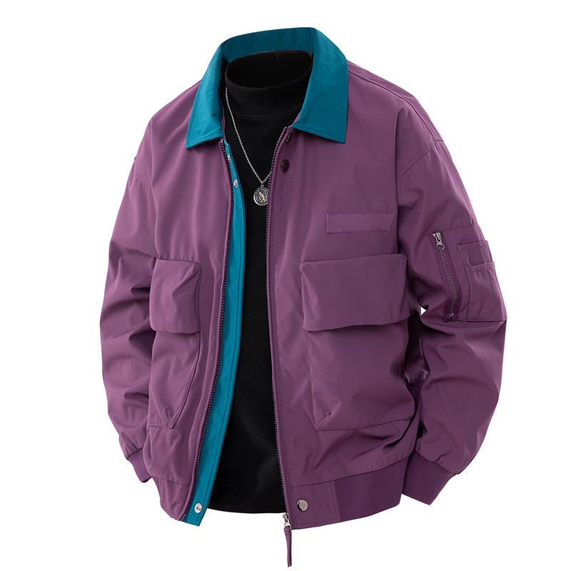 American Retro Bomber Spring Autumn Workwear Lapel Contrasting Color Men's Fashion Casual Jacket Outfit Hombre