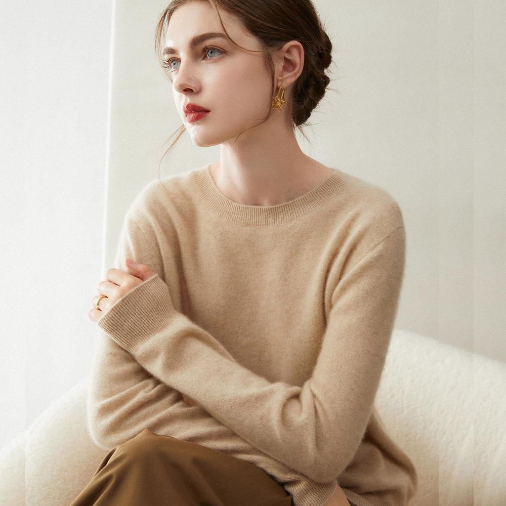100% Pure Cashmere Women's Loose Round Neck Sweater - Versatile Knitwear for Autumn/Winter