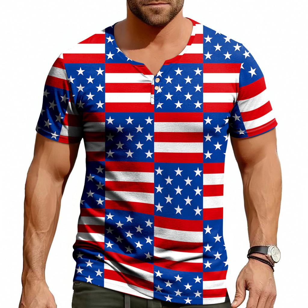 Men's Casual Summer V-neck Short Sleeved Top With Buttons, Independent Day Print Short Sleeved Top