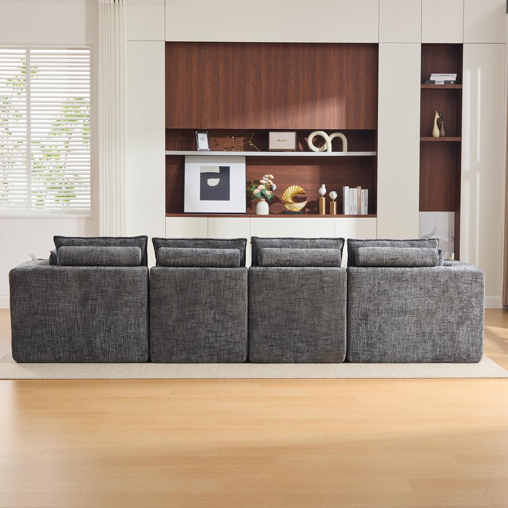 Modular 4-Seater Sofa (2 Footstools), Cushion, Cup Holder, 2 Side Pockets, Foam/Spring Core. Freely Combinable(gray Chenille Fabric)