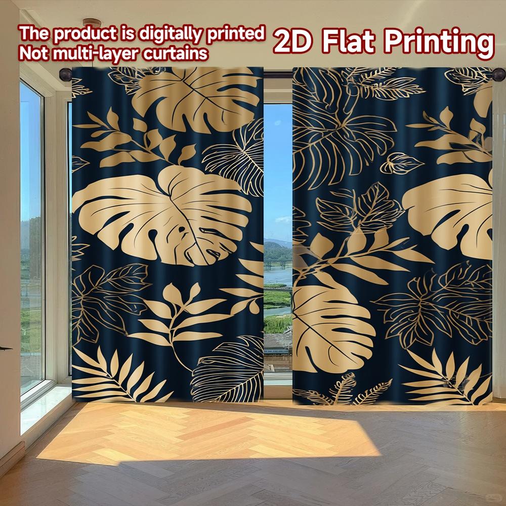 

Flat Printing Curtains Without Rod Golden Leaves Dark Background Valentine Is Day Festival Fashion Durable Set Of 2 Made Polyester W100*H70(CM)-Hooks&2PCS