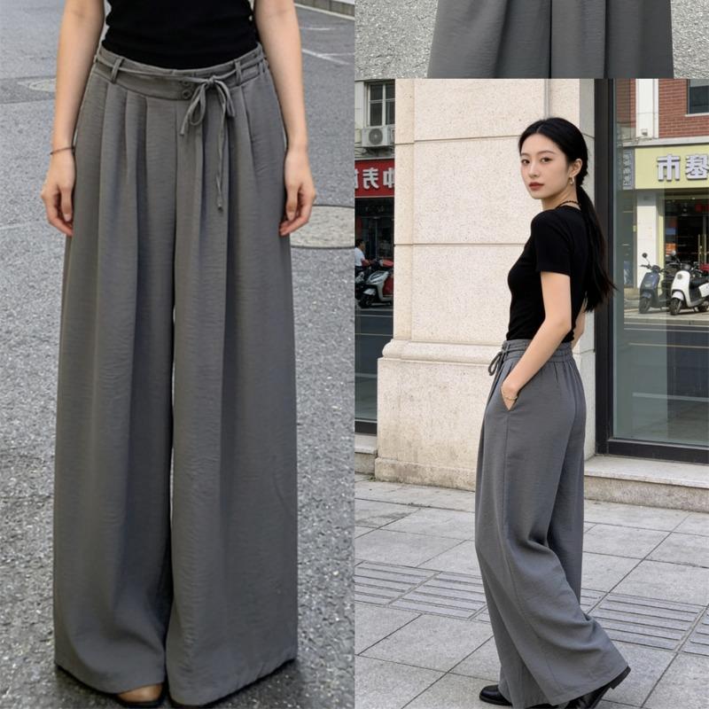 Casual Loose Lace-up Women's Wide-leg Pants Spring Summer Solid Color Elastic Waist Sweatpants Lace-up Trouser Women's Casual Simple Clothing