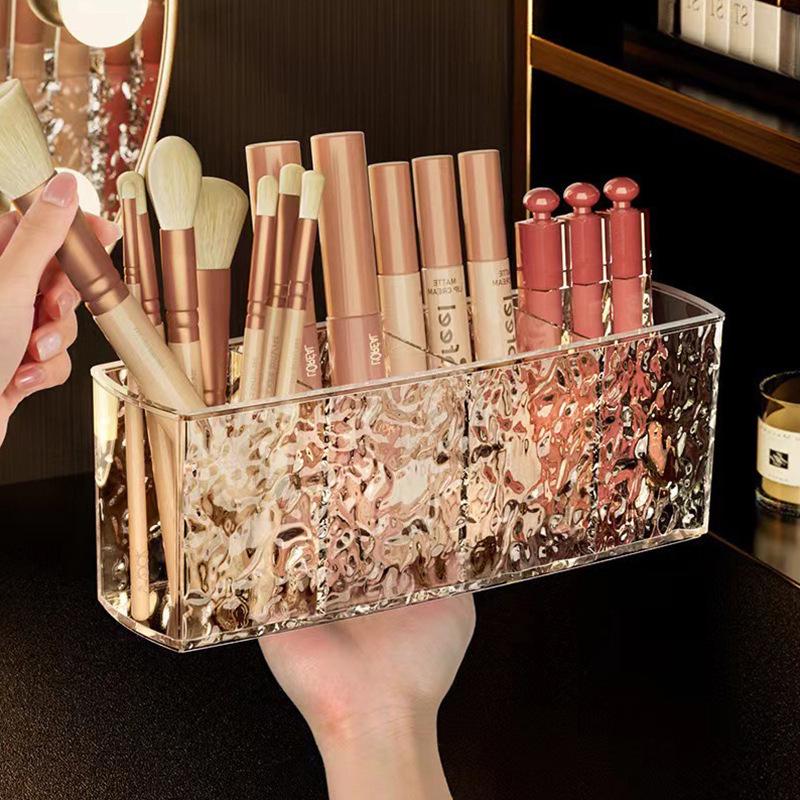 Transparent Luxury Organizer: Desktop Storage Box with Mirror for Makeup, Brushes, Eyebrow Pencils & Stationery.