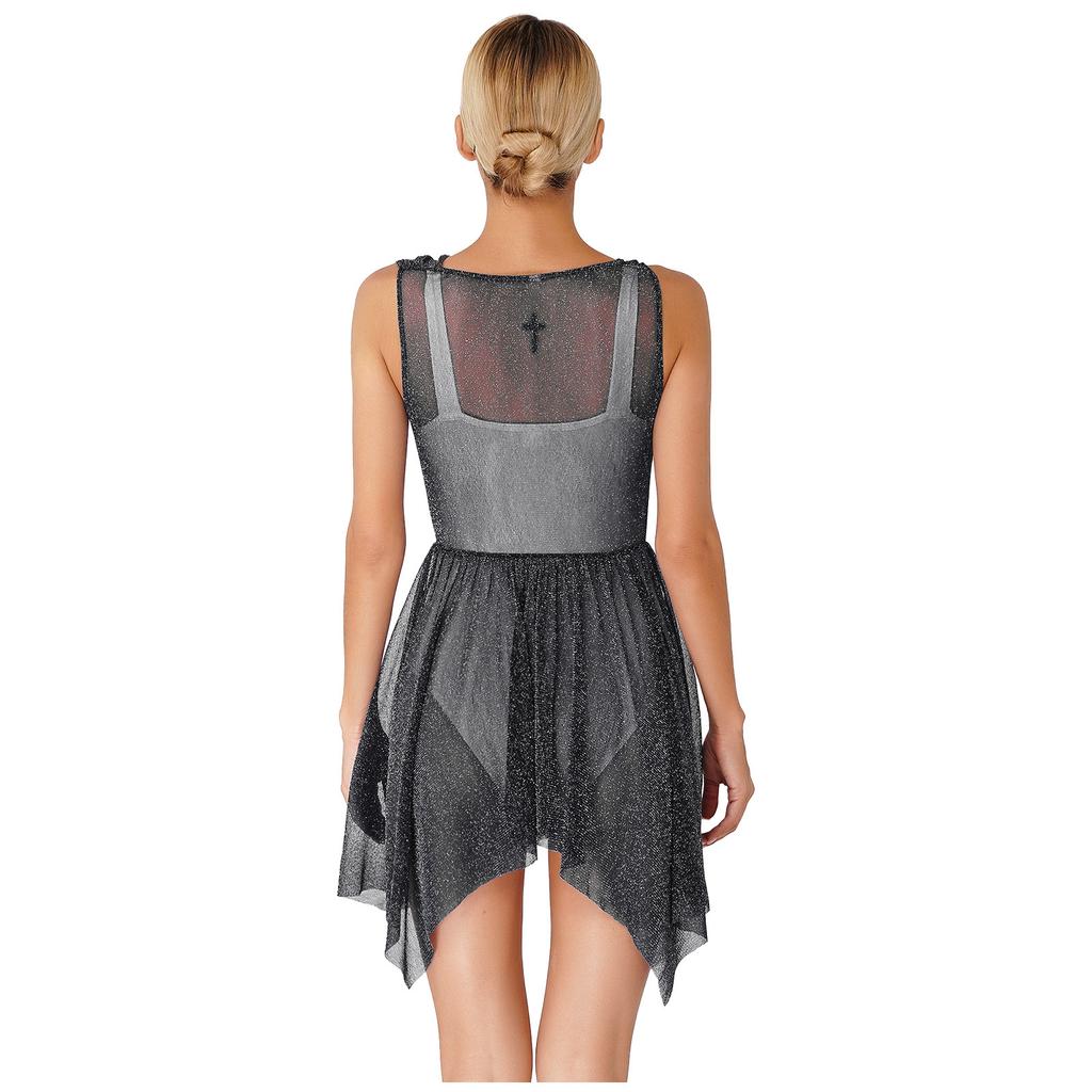 Women Glittery Draped Neck Sleeveless Dance Dress See Through Asymmetrical Hem Performance Gown
