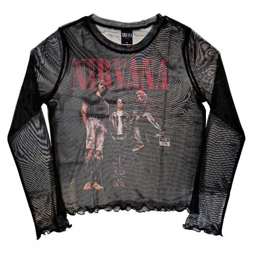 Nirvana Women's Black In Utero Band Photo Mesh Long-Sleeved Crop Top In | Size: Medium - Image 2