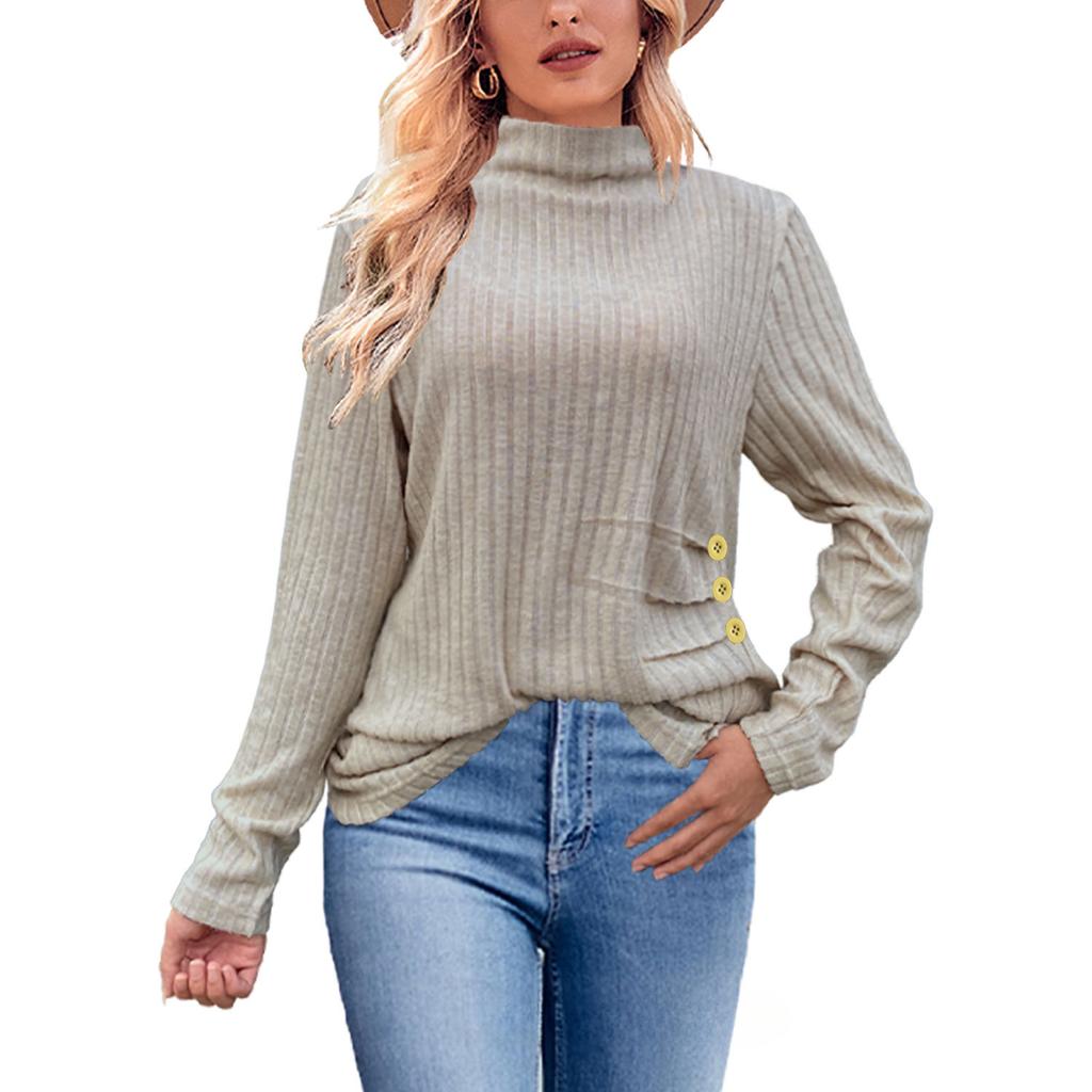 Women's Fashion  Casual Autumn Winter Solid Color Print Long Sleeve Half Turtleneck Blouses & Shirts