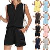 Stylish Women's Two-Piece Summer Casual V-Neck Pleated Sleeveless Shorts Set