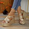 Fashion Women Sandals Summer New Golden Wedges Ankle Buckle High Heels Shoes Peep Toe Open To Elegant Sexy Sandals for Women
