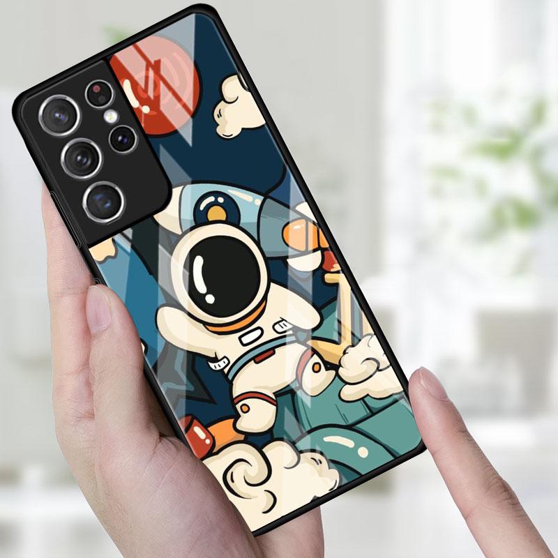 Handy Glas Hülle Für Samsung Galaxy S22 S21 S20 Ultra FE S9 S10 S8 Plus Note 20 10 Lite 9 8 Hülle Coque Süß im Weltraum Astronaut