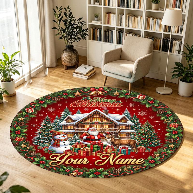 Christmas (81) Theme Circular Crystal Velvet Carpet Customized Name & Text Round Soft Floor Rug For Living Room Bedroom Decor