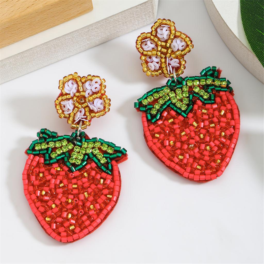 Cute Fruit Beaded Rhinestones Earrings Exquisite Beaded Strawberry Flower Drop Ear Studs Unique Earrings for Party Wear
