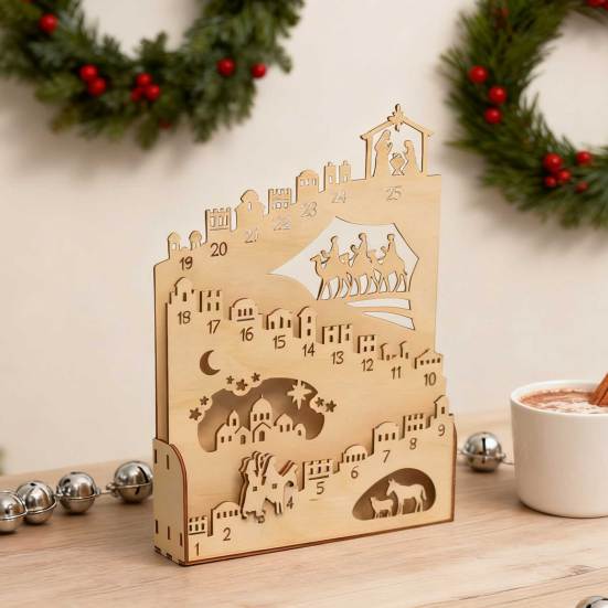 Nativity Advent Calendar Rustic Wooden Christmas Countdown Calendar Light-Up Tabletop Xmas Centerpiece for Cabinet Desk Shelf Mantel Decoration