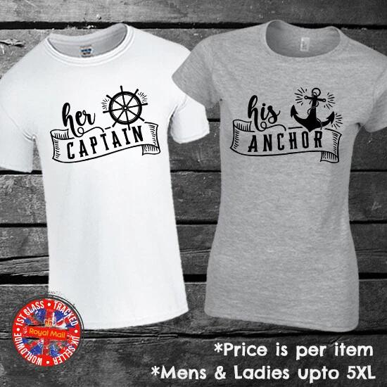 Her Captain His Anchor Matching T-shirt Set Mens Ladies Gift Couples Friends 3XL