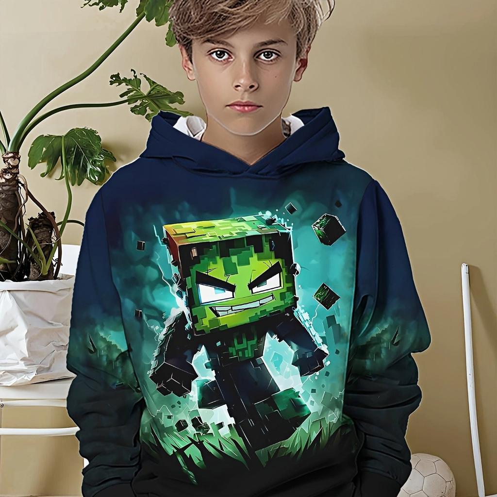 Boys' Minimalist Printed Hoodie, Fashionable All Season Casual Round Neck Long Sleeved Pullover Sweatshirt