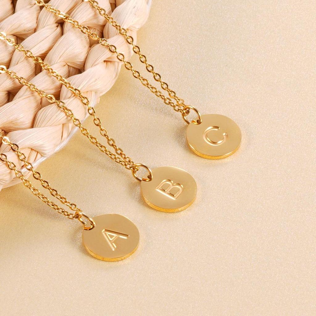 18K Gold Stainless Steel Minimalist Letter Necklace with 26 Round Pendant Options