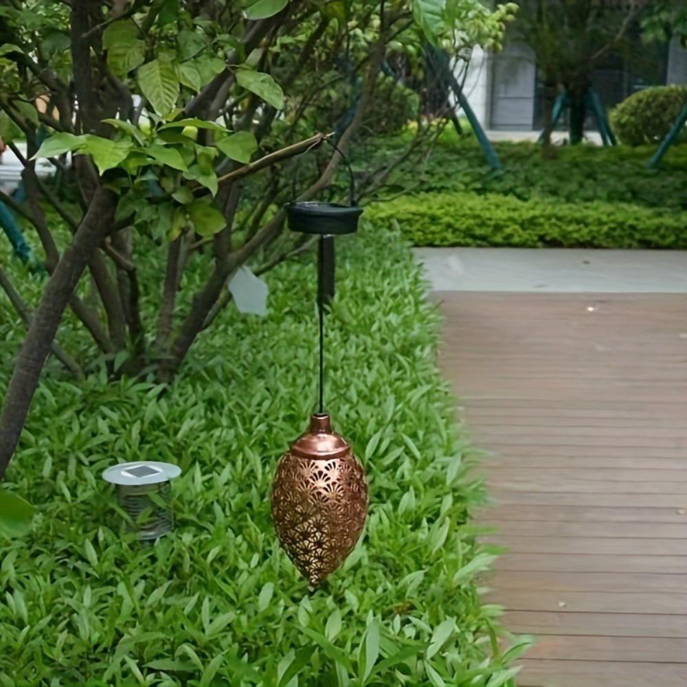 Solar-Powered Metal Olive Ball Water Drop Pendant Light Outdoor Garden Landscape Lamp Festive Decorations