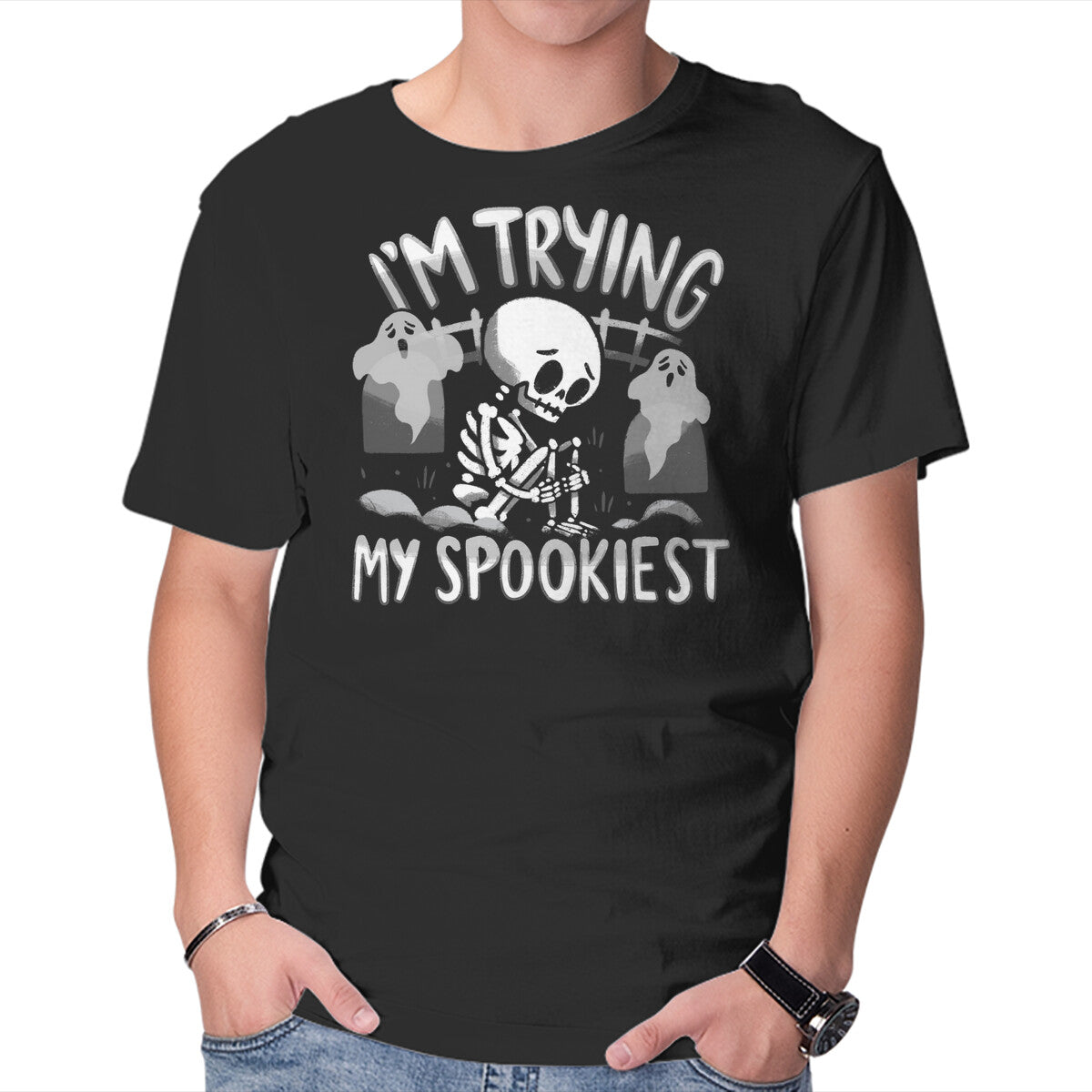 Unisex Crew Neck T-Shirt I m Trying My Spookiest Graphic Short Sleeve Casual Tee L