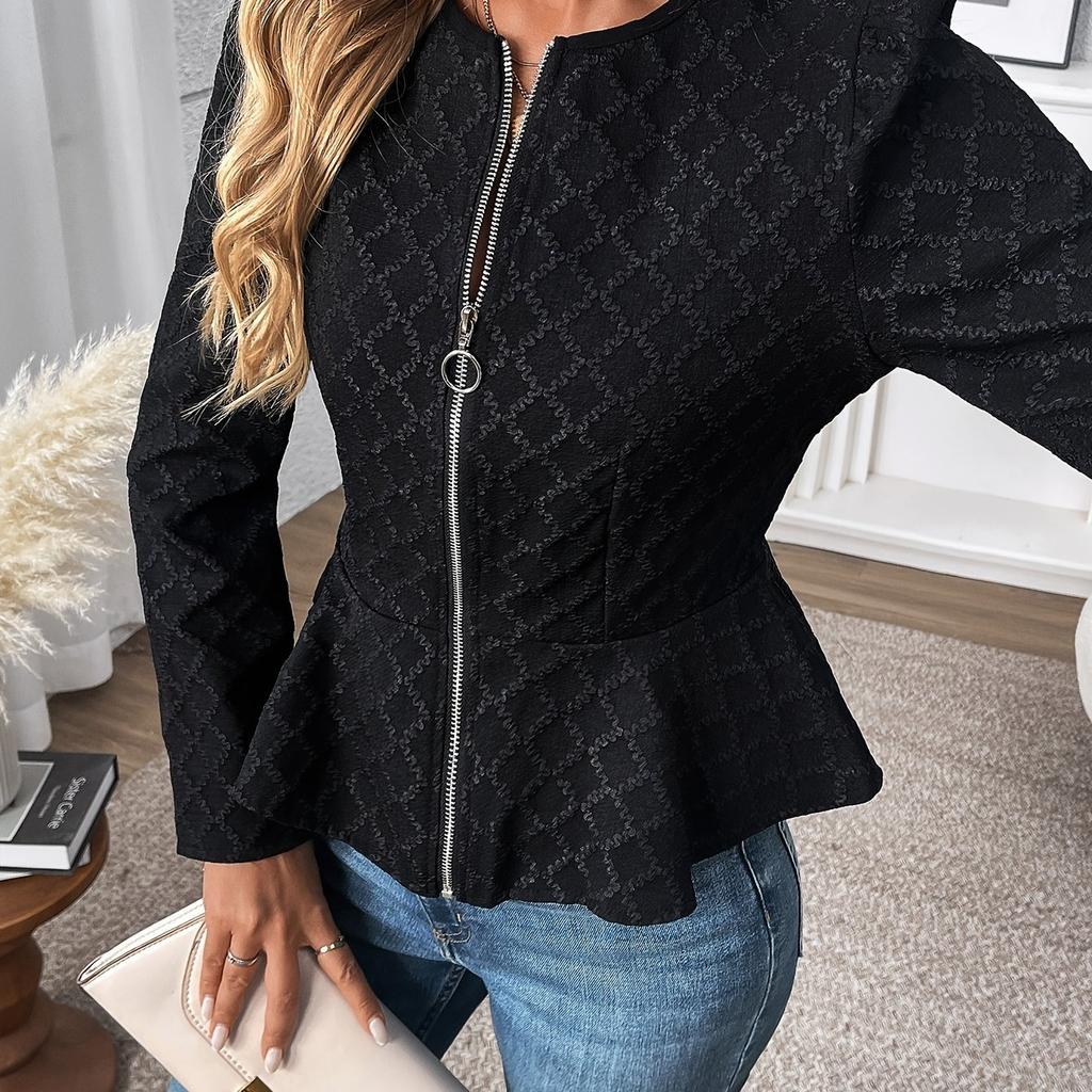 Women's Autumn Coat, Fashionable and Slim-fitting, Solid Color, Embossed, Fitted Waist, Long Sleeves, Round Neck Zipper Coat, Solid Color Design