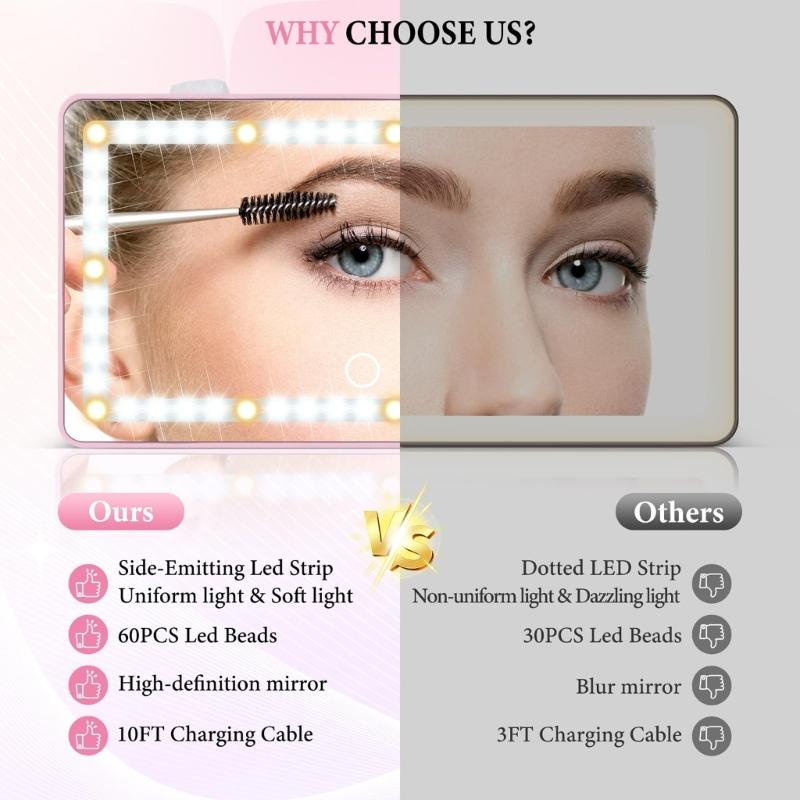 Rechargeable Makeup Mirror with Dimmable Touch 60 LEDs 3 Light Modes for Car Sun Visors Interior Accessory Quick Install