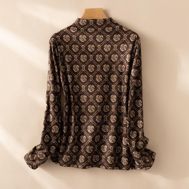 Camisa Feminina Estampada Estilo Country Abrasão Solta para Usar por Baixo Manga Comprida Quente Tops Internos