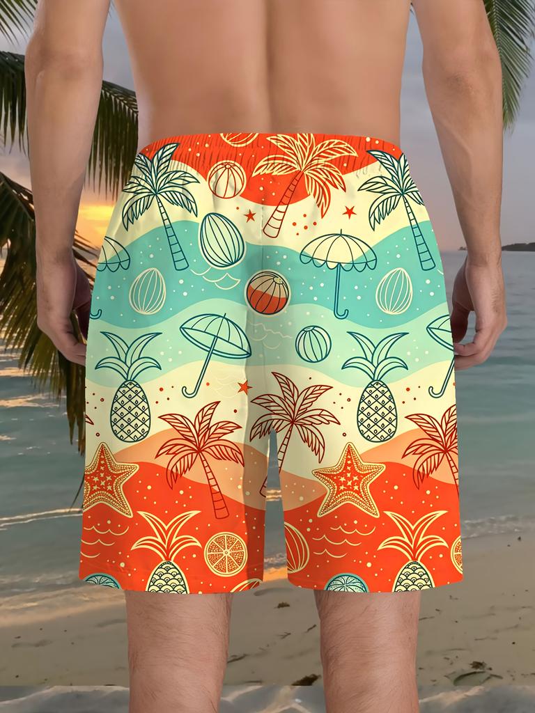 Men's fashionable printed beach shorts, 3D printed beach pattern, - casual polyester fiber drawstring waist