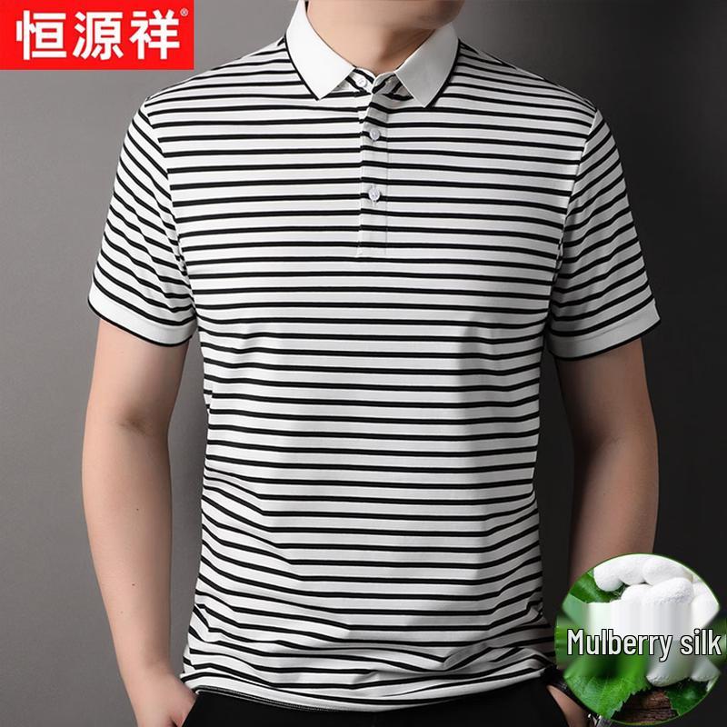 Hengyuanxiang Herren gestreiftes Polohemd aus Seidenmischung