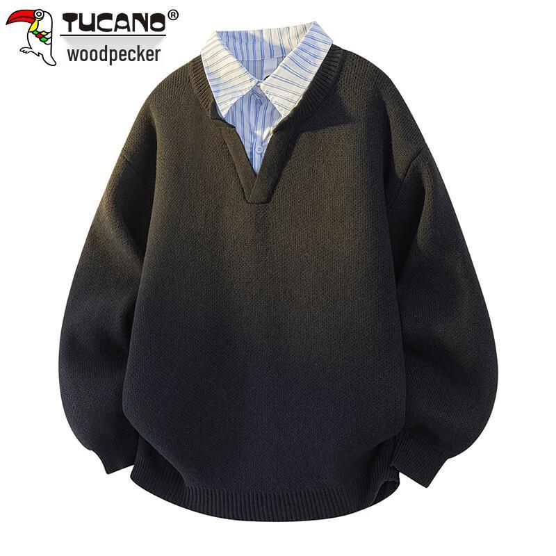 TUCANO Men's Faux Two-Piece Knit Shirt Collar Sweater