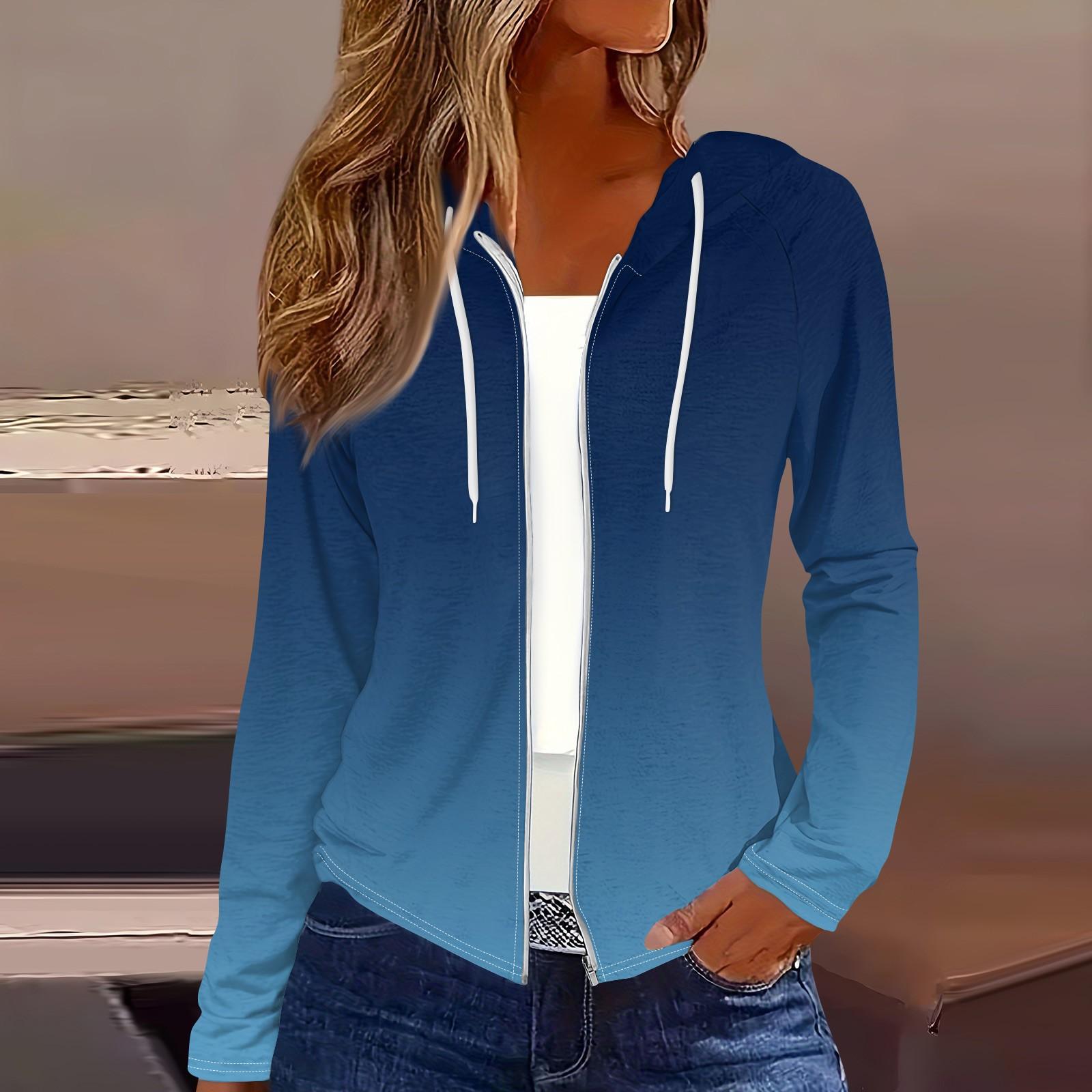 

Женская мода повседневная застежка-молния с капюшоном и принтом с длинным рукавом толстовки пальто L синий