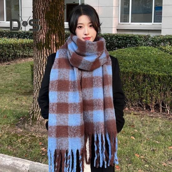 Women Scarf Plaid Print Thickened Warm Long Shawl with Tassel Trim Versatile Winter Blanket Wrap Daily Wear