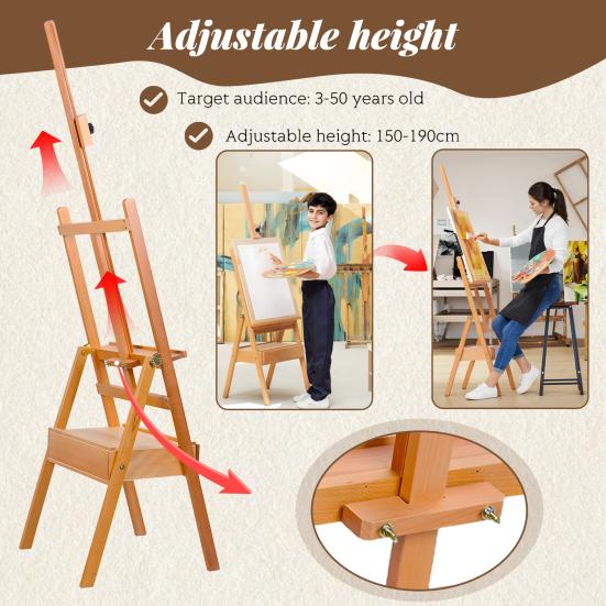 H Frame Easel, French Easel with Drawer, Solid Beech Wood Easel, Painting Canvas Holder Stand, Tilts Flat Artist Easel, Height Angle Adjustable