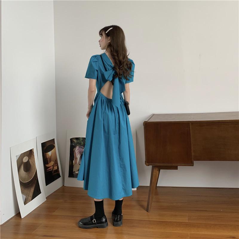 

Летнее европейско-американское платье без спины с бантом, с высокой талией - Сексуальное, с круглым вырезом, с коротким рукавом XL синий