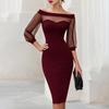 Women's Off Shoulder Mesh Patchwork Bodycon Dress Elegant Slim Fit Midi Dress with Sheer Sleeves for Summer Parties