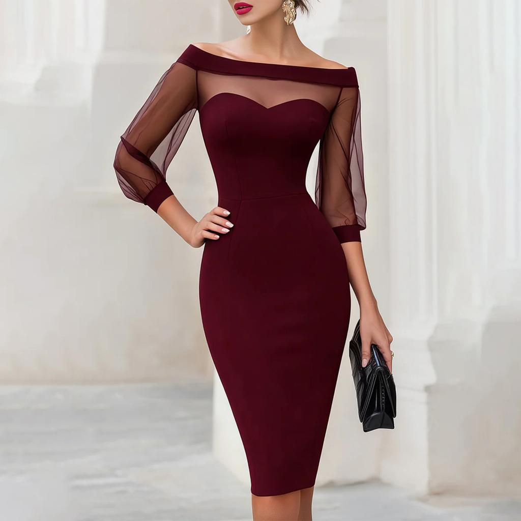 Women's Off Shoulder Mesh Patchwork Bodycon Dress Elegant Slim Fit Midi Dress with Sheer Sleeves for Summer Parties