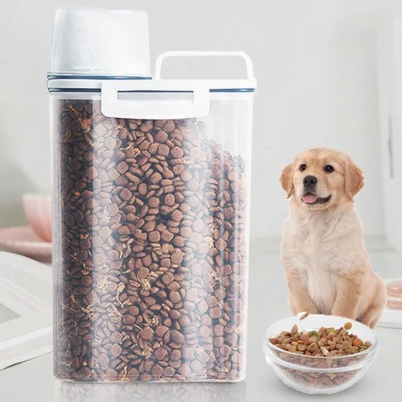 Balde de Ração para Cão Gato 1,5Kg/2Kg Tanque de Armazenamento de Plástico com Recipiente Copo Medidor Pote Selado à Prova de Umidade Acessórios Suprimentos para Animais de Estimação