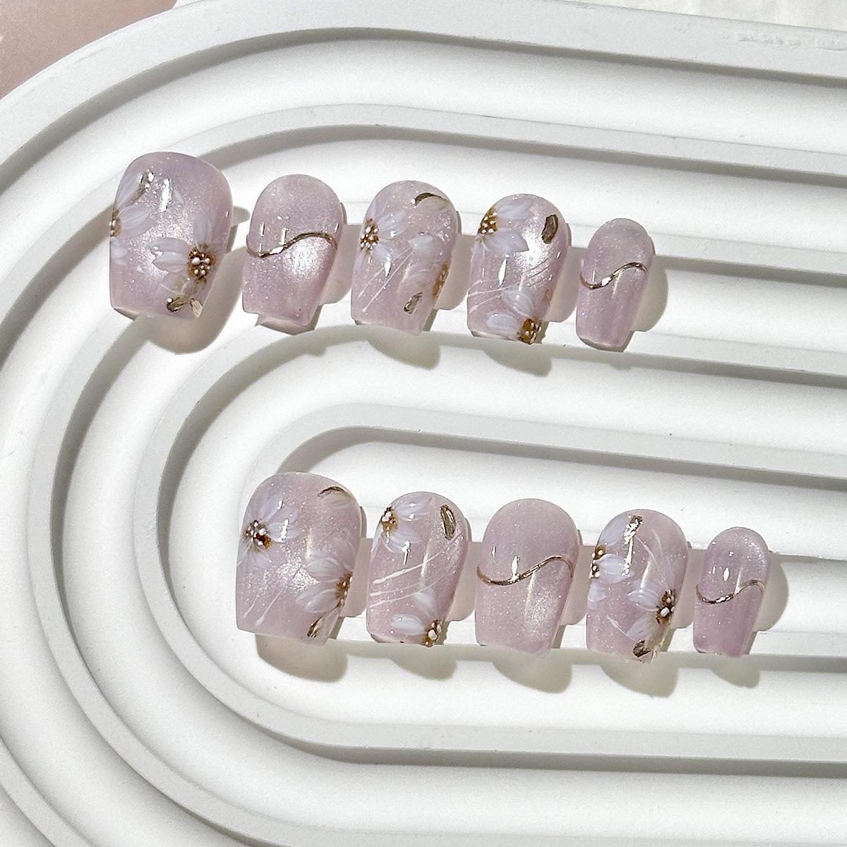 

Ручная работа, цветочные накладные ногти «кошачий глаз» - короткий стиль «лесенка»