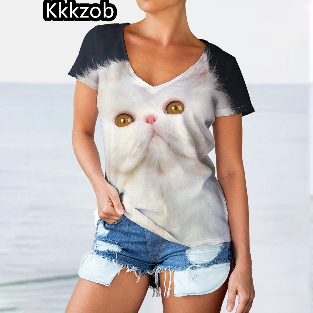 

3D забавные кошки принт футболки для женщин V-образный вырез короткий рукав повседневная мода кавайная графика футболка свободного покроя женская одежда для девочек 8XL