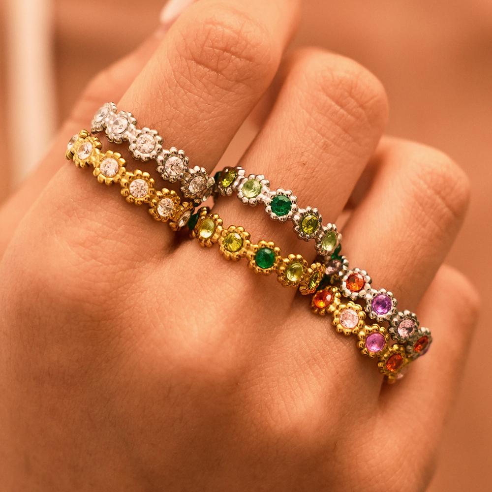 Stainless Steel Colorful Rhinestone Ring Women Lace Stackable Open Ring Exquisite Unique Wedding Couple Dating Jewelry Gifts