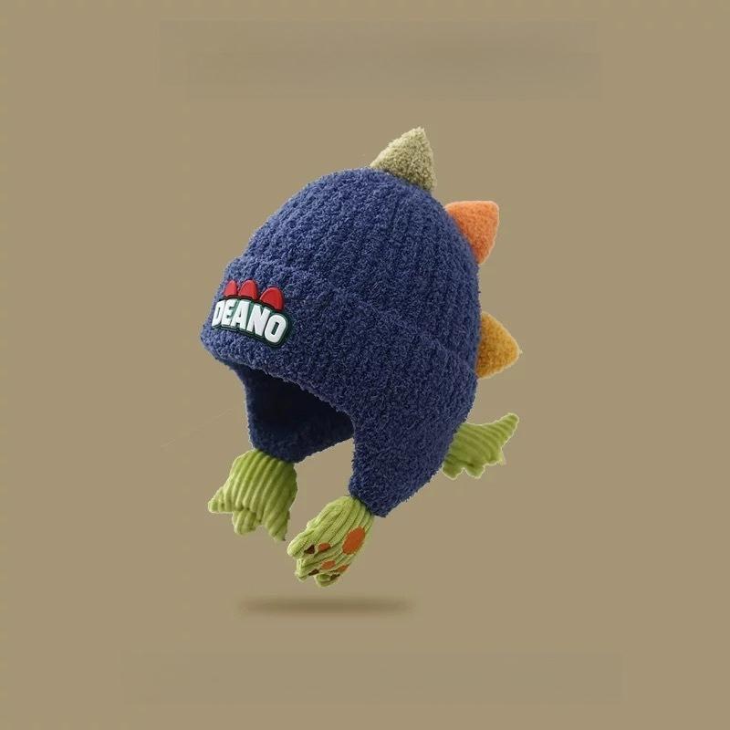 Winter Kids' Thickened Ear-Warming Windproof Fleece-Lined Beanie Cute 3D Dinosaur Knit Beanie