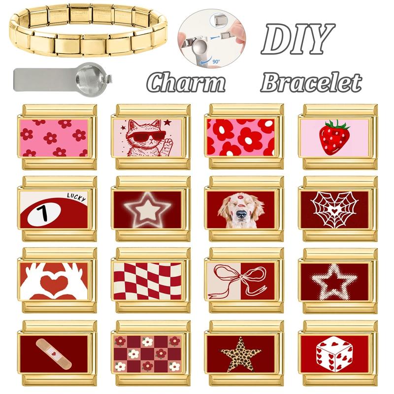 New Vintage Golden Charm Strawberry Heart Flower Bow Cat Dog Italian Charm Links Fit 9MM Stainless Steel Bracelet DIY Making